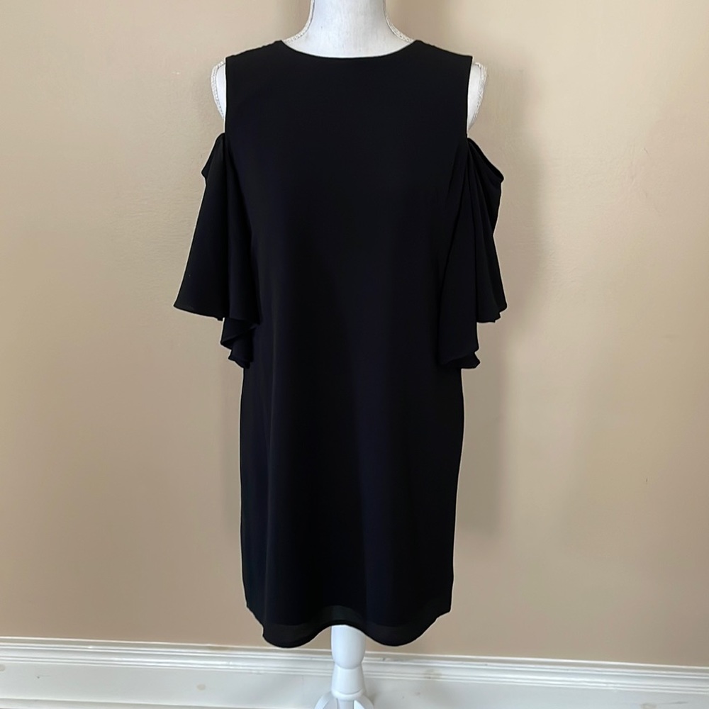 London Times Petite Black Cocktail Evening Dress off-Shoulder Ruffles Elegant
